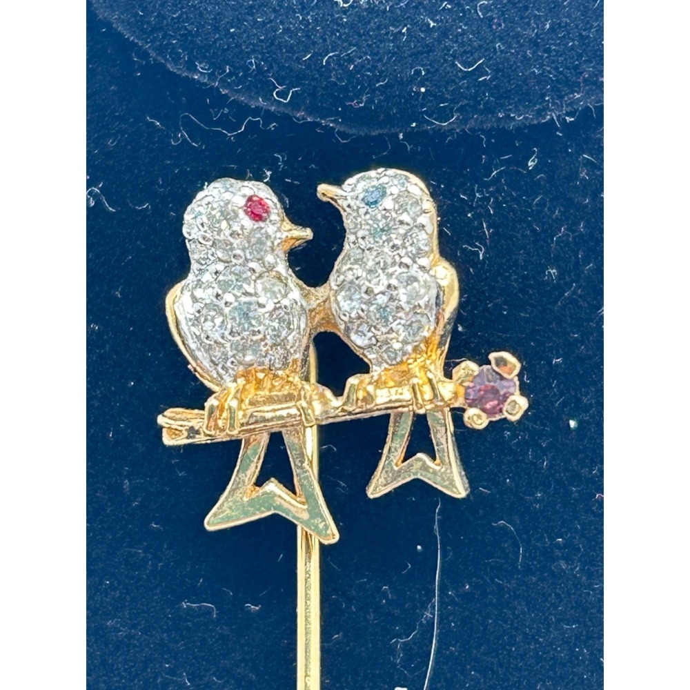 Vtg Panetta Signed Rhinestone Love Birds Stickpin Pin Ruby Amethyst Sapphire - Picture 2 of 6